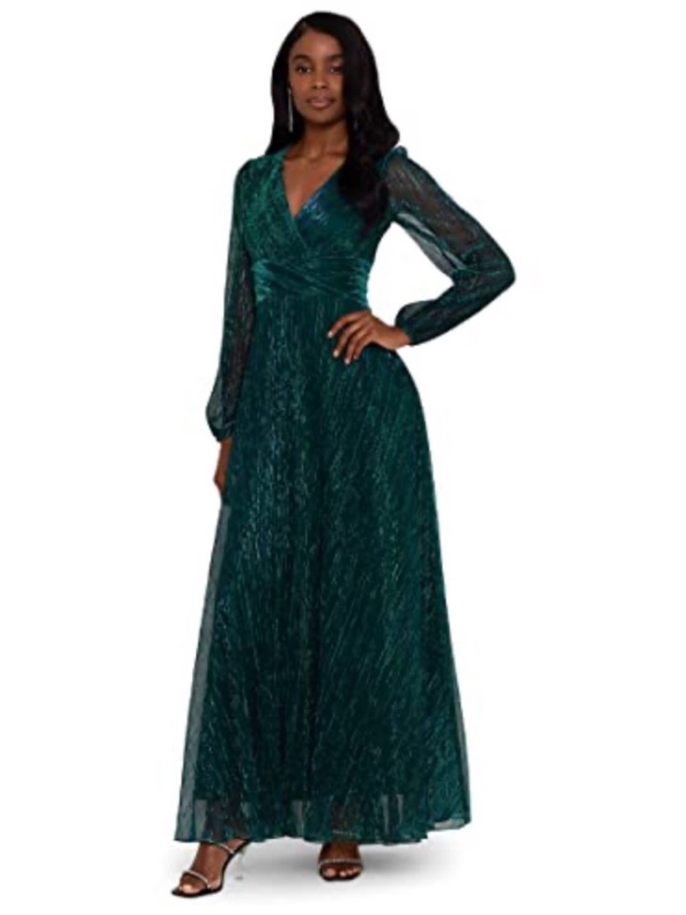 BETSY & ADAM Crinkle-Texture Sheer Long Sleeve Evening Gown in Jade Size 6. NWT. - Picture 2 of 12
